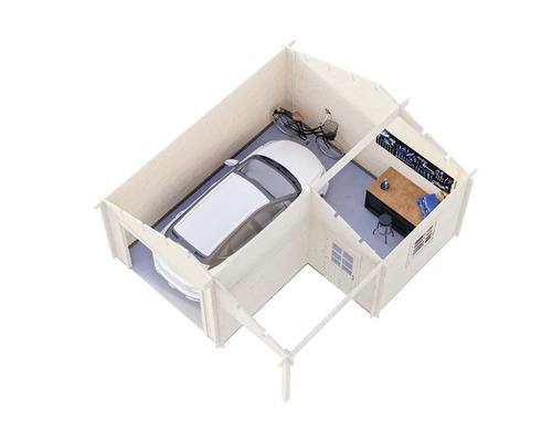 Garage mit Werkstattbereich, einschließlich Auto, Fahrrad und Werkbank