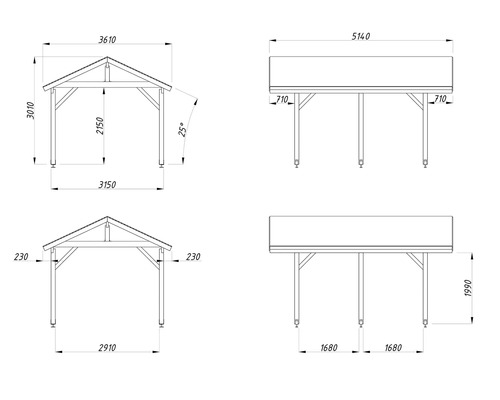 Technische Zeichnung eines Carports mit Maßangaben