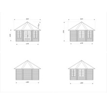 Technische Zeichnung eines Gartenhauses mit Maßangaben