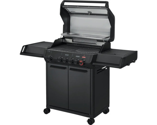 Schwarzer Gasgrill mit Ablageflächen und Unterschrank