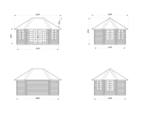 Technische Zeichnung eines Gartenhauses mit Maßangaben