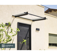 Modernes Haustürvordach mit schwarzem Metallrahmen und transparenter Abdeckung über einer dunklen Eingangstür.