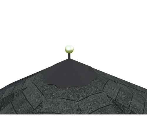 Dach eines Gartenhauses mit Dachschindeln und Kugelaufsatz