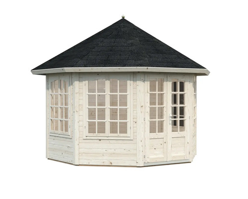 Sechseckiger Holzpavillon mit Fenstern und Tür