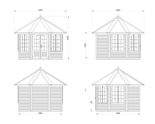 Technische Zeichnung eines Gartenhauses mit Maßangaben