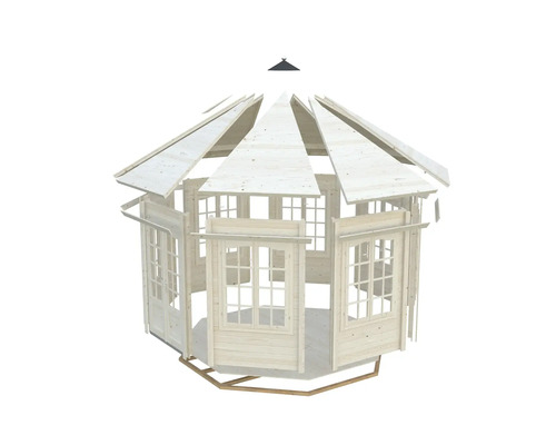 Unfertiger Holzpavillon mit Fenstern und Dachelementen