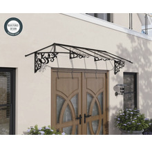 Klassisches Vordach aus dunklem Metall mit verschnörkelten Halterungen über einer Holztür montiert. Symbol für eingetragenes Design.