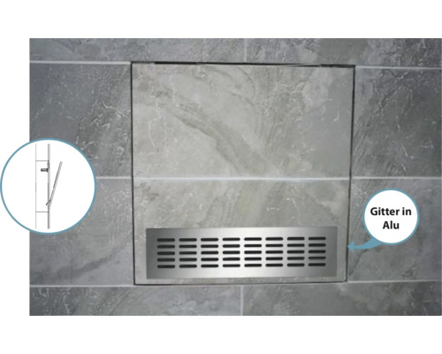 Revisionsklappe mit Aluminiumgitter in gefliester Wand