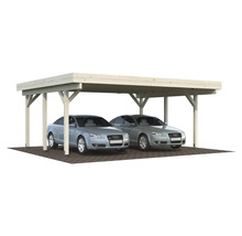 Doppelcarport aus Holz mit zwei darunter geparkten Autos.