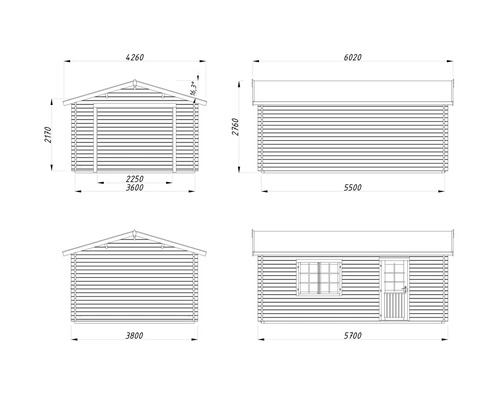 Technische Zeichnung eines Gartenhauses mit Maßangaben