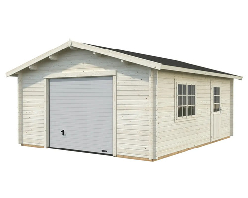 Holzgarage mit Sektionaltor, Fenster und Tür.