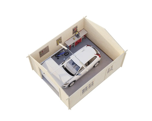 Garage aus Holz mit Auto, Werkbank und Werkzeugen