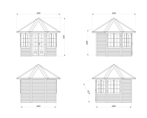 Technische Zeichnung eines Gartenpavillons mit Maßangaben