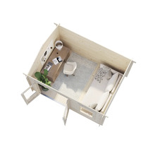 Innenansicht eines Holzgartenhauses mit Bürobereich und Schlafgelegenheit