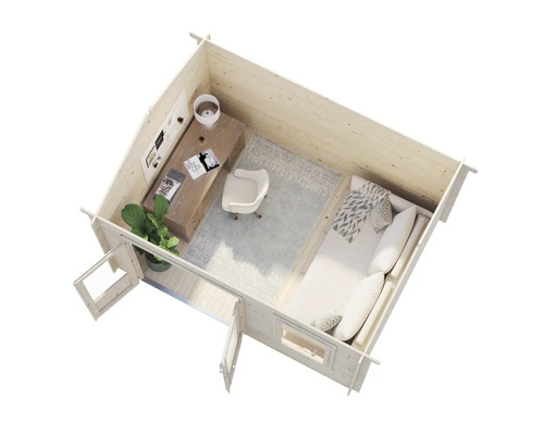 Innenansicht eines Holzgartenhauses mit Bürobereich und Schlafgelegenheit