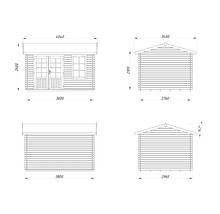 Technische Zeichnung eines Gartenhauses mit Maßangaben