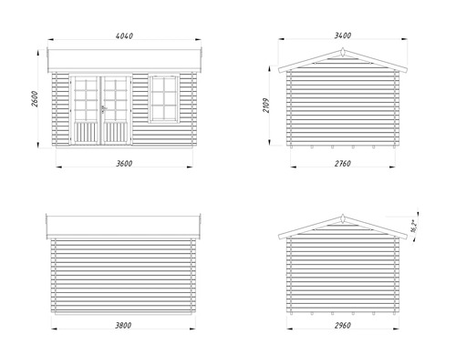 Technische Zeichnung eines Gartenhauses mit Maßangaben