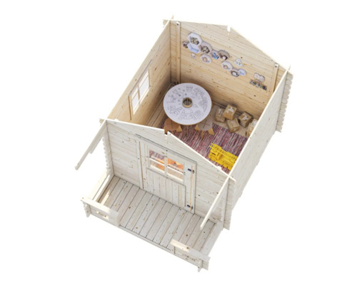 Ansicht eines hellen Holzgartenhauses mit Veranda, Fenster und Tür