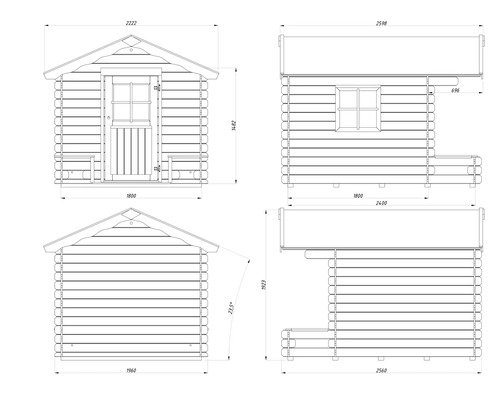 Technische Zeichnung eines Gartenhauses mit Maßen