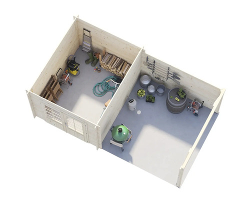 Ansicht eines Gartenhauses mit Gartengeräten und Zubehör