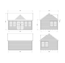Technische Zeichnung eines Gartenhauses mit Abmessungen.