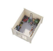 Blick in ein Gartenhaus mit Rasenmäher, Grill, Leiter und Gartengeräten