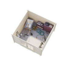 Holzgartenhaus mit Schubkarre, Gartengeräten, Gummistiefeln, Möbeln und Fahrrad