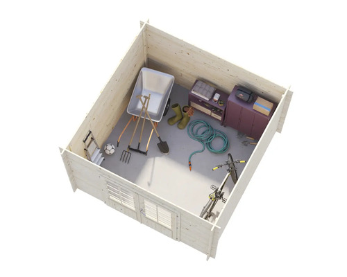 Holzgartenhaus mit Schubkarre, Gartengeräten, Gummistiefeln, Möbeln und Fahrrad