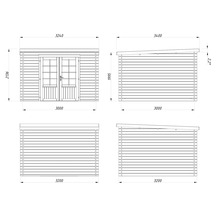 Technische Zeichnung eines Gartenhauses mit Maßangaben.