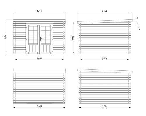 Technische Zeichnung eines Gartenhauses mit Maßangaben.