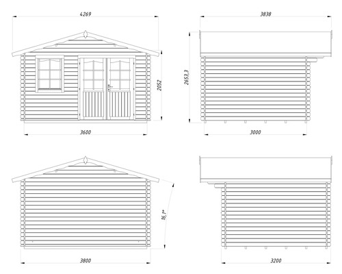 Technische Zeichnung eines Gartenhauses mit Maßangaben