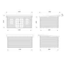 Technische Zeichnung eines Gartenhauses mit Maßangaben.