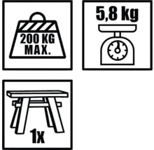 Symbole, die maximale Belastung von 200 Kilogramm, Gewicht von 5,8 Kilogramm und einen Hocker zeigen