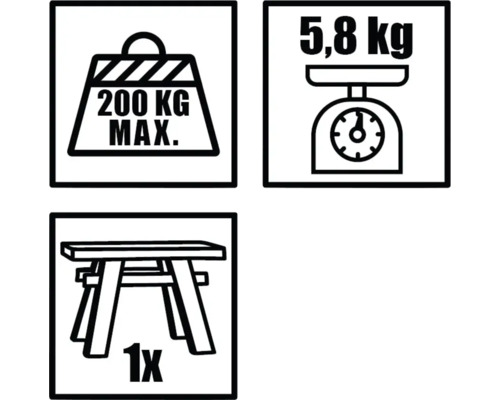 Symbole, die maximale Belastung von 200 Kilogramm, Gewicht von 5,8 Kilogramm und einen Hocker zeigen