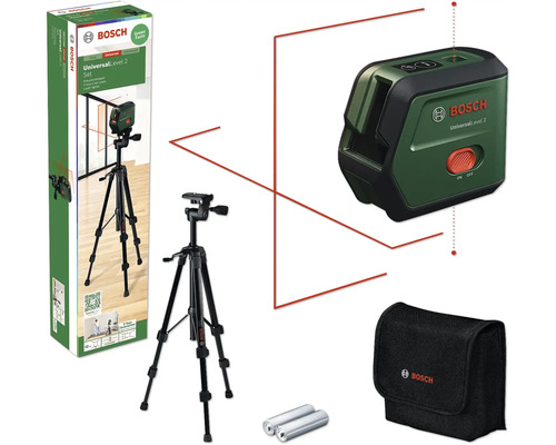 Kreuzlinienlaser Bosch Universallevel 2 Set, inkl. Stativ Bosch Universal Level 2 Set mit Kreuzlinienlaser, Stativ, Batterien und Tasche