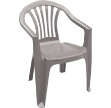 Gartenstuhl aus Kunststoff in Grau mit Armlehnen.