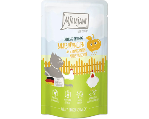 Mjamjam Quetschie Katzenfutter zartes Hühnchen mit Apfelstückchen