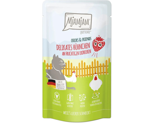 Mjamjam Quetschie Katzenfutter Huhn mit Erdbeeren