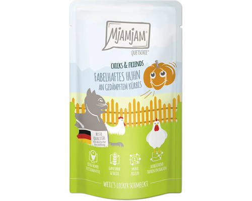 Mjamjam Quetschie Katzenfutter Chicks and Friends Fabelhaftes Huhn an gedämpftem Kürbis