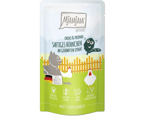 Mjamjam Quetschie Katzenfutter Saftiges Hühnchen an gedämpftem Spinat