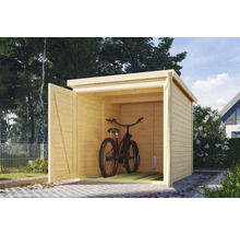 Fahrradschuppen aus Holz mit geöffneten Türen und einem Fahrrad darin