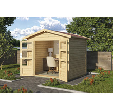 Gartenhaus mit geöffneten Doppeltüren und Büroeinrichtung im Garten