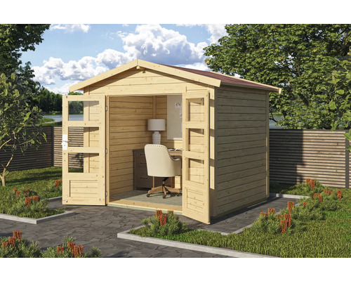 Gartenhaus mit geöffneten Doppeltüren und Büroeinrichtung im Garten