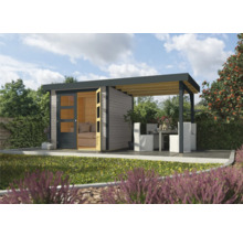 Gartenhaus mit überdachter Terrasse, Sitzmöbeln und Tisch im Garten