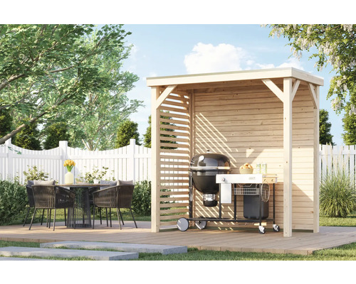 Grillkota mit Holzwänden und Grill im Garten