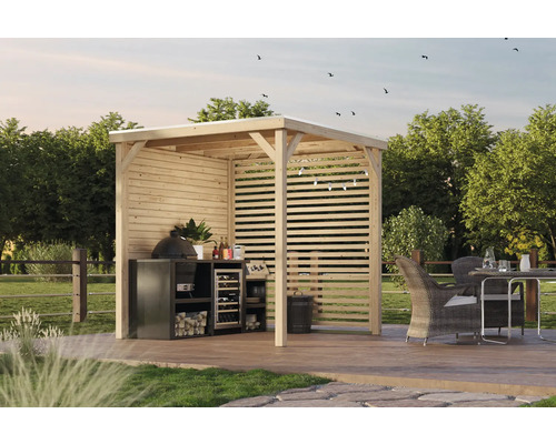 Holz Pavillon mit Grill und Sitzgruppe im Garten