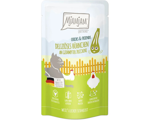 Mjamjam Quetschie Katzenfutter Huhn mit Zucchini