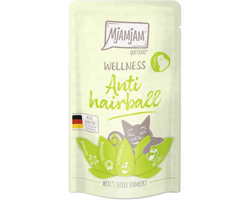 Mjamjam Quetschie Wellness Anti-hairball Katzenfutter mit Huhn