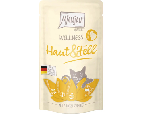 Mjamjam Quetschie Wellness Haut und Fell Katzenfutter Verpackung