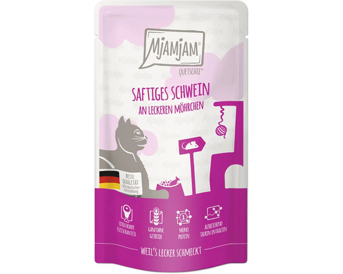 Mjamjam Quetschie Saftiges Schwein an leckeren Möhrchen Katzenfutter Verpackung